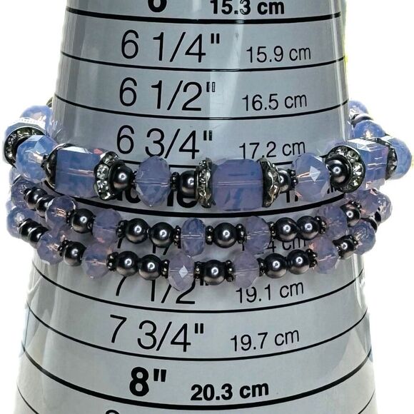 Three Strands Opalite w/ Faux Pearl Beaded Bracelet Rhinestones Magnetic Closure - Picture 9 of 10